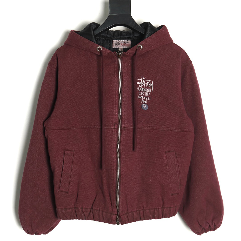 Stussy distressed letters embroidery black 8 hooded cotton coat