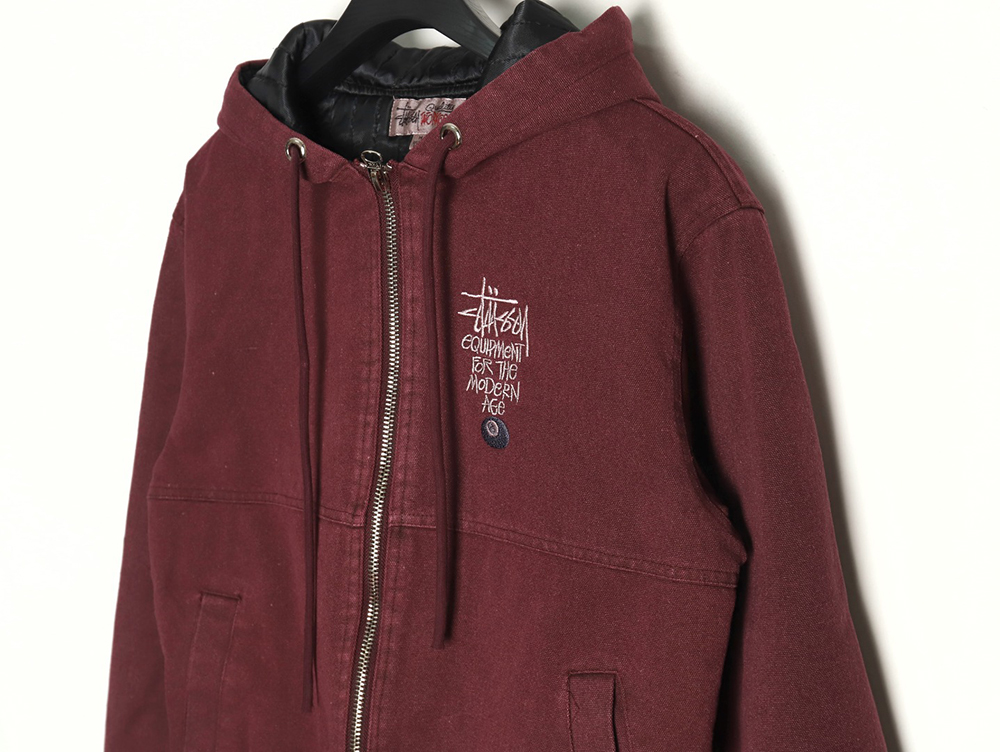 Stussy distressed letters embroidery black 8 hooded cotton coat