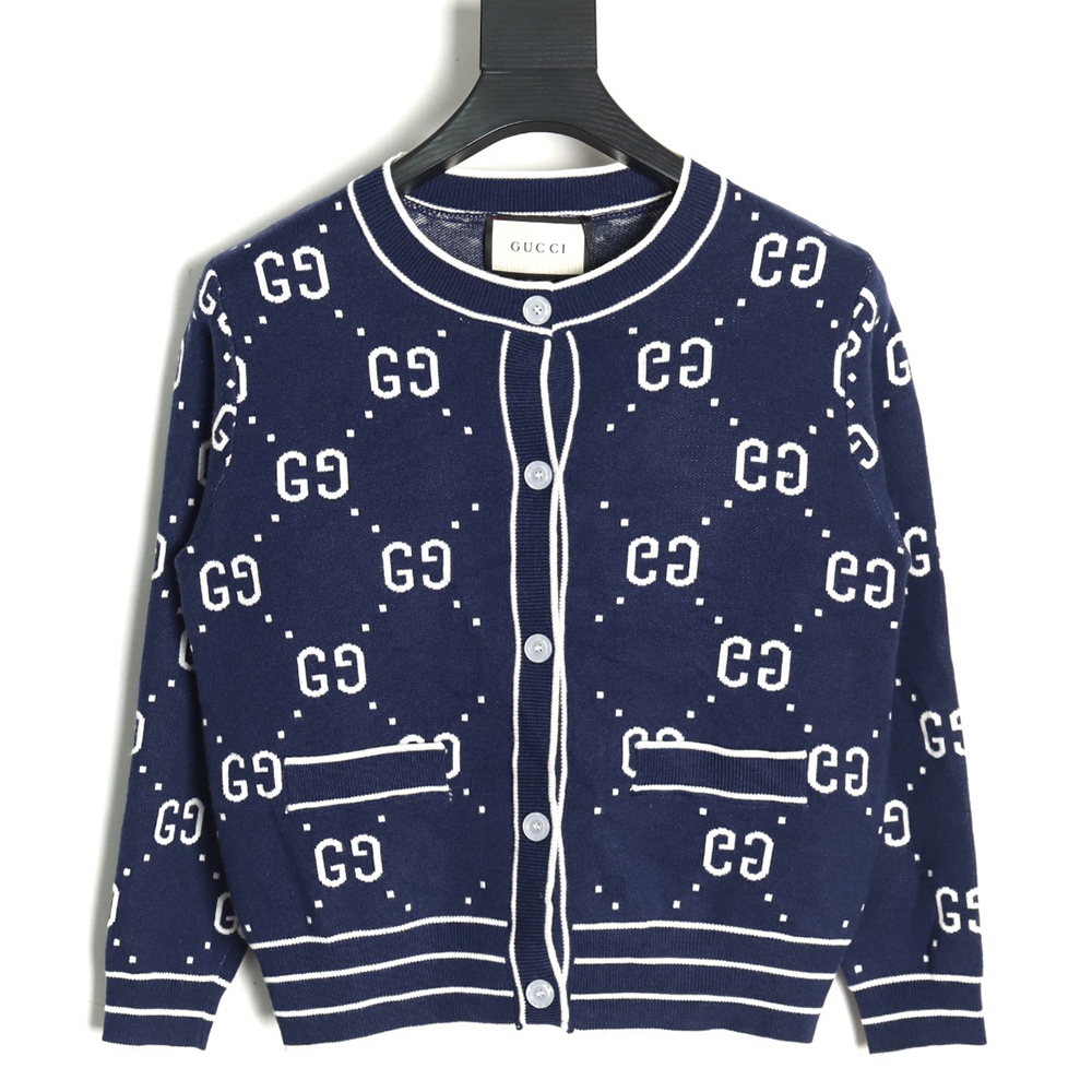 Gucci Double G Jacquard Crew Neck Cardigan Sweater TSK1