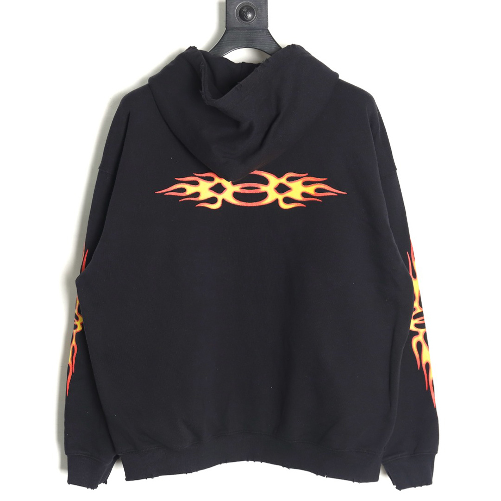 Balenciaga Double Ring Flame Washed Distressed Hooded Zip-Up Jacket
