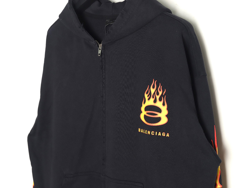 Balenciaga Double Ring Flame Washed Distressed Hooded Zip-Up Jacket