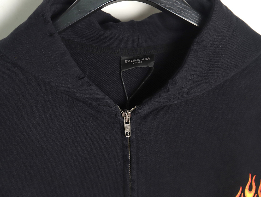 Balenciaga Double Ring Flame Washed Distressed Hooded Zip-Up Jacket