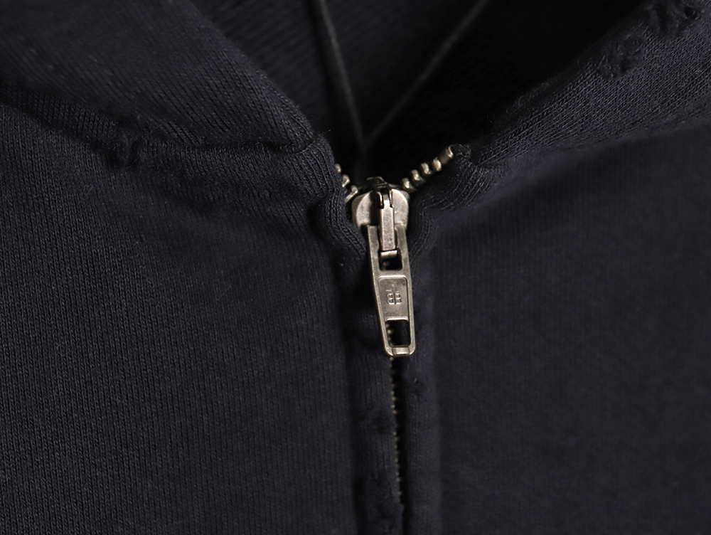 Balenciaga Double Ring Flame Washed Distressed Hooded Zip-Up Jacket