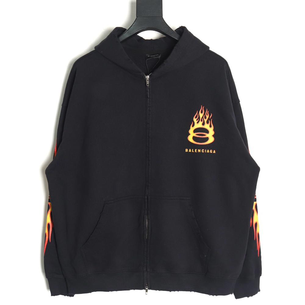Balenciaga Double Ring Flame Washed Distressed Hooded Zip-Up Jacket