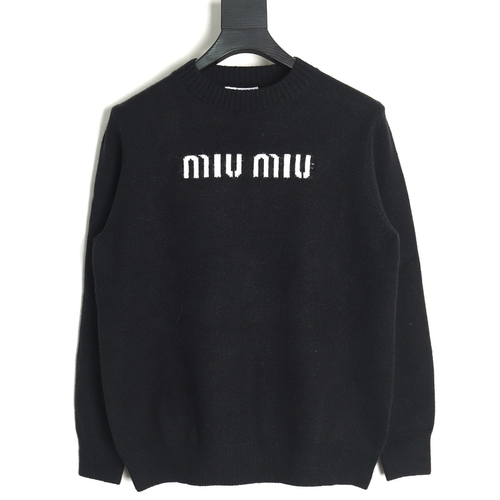 Miu Miu Lettering Jacquard Long Sleeve Crewneck Sweater