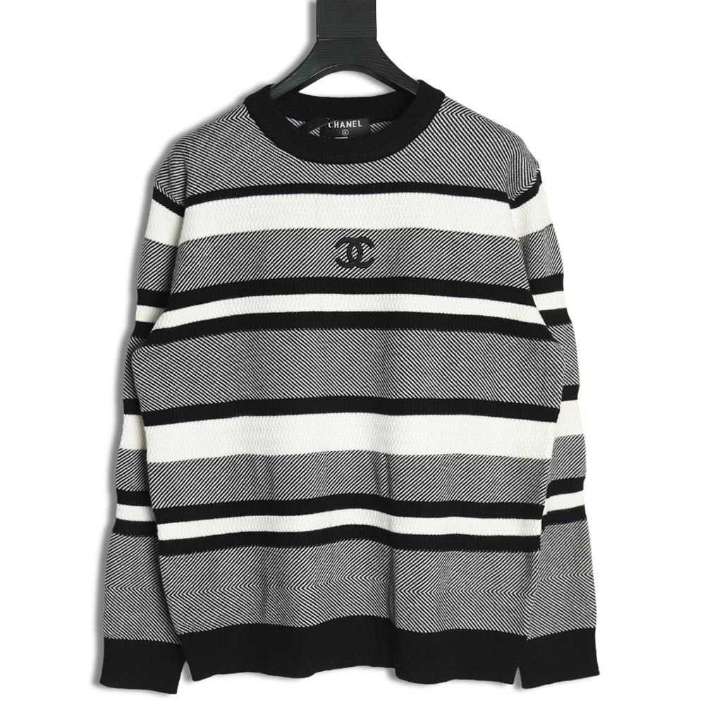 Chanel Double CC Logo Embroidered Striped Knitted Pullover