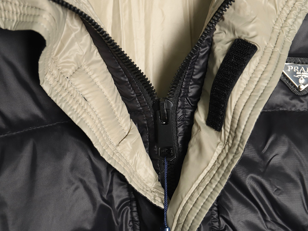 Prada metal triangle logo wide brim hooded down jacket