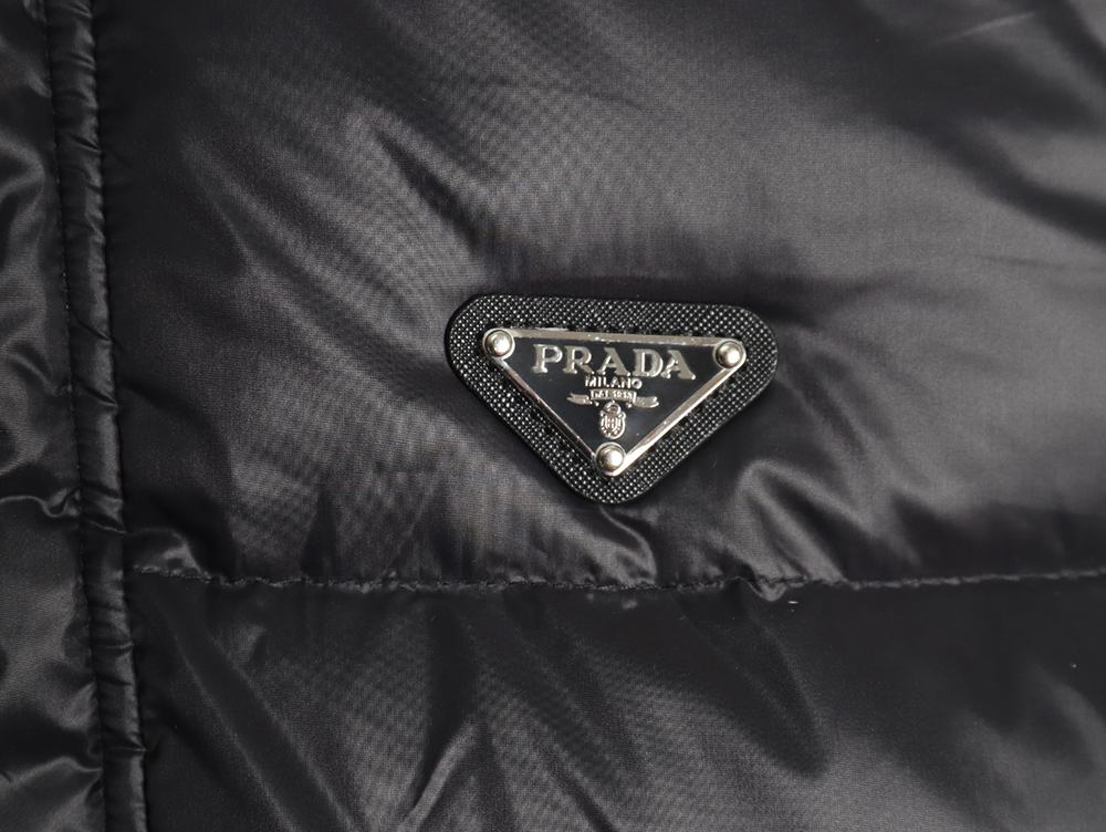 Prada metal triangle logo wide brim hooded down jacket