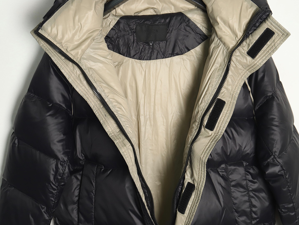 Prada metal triangle logo wide brim hooded down jacket