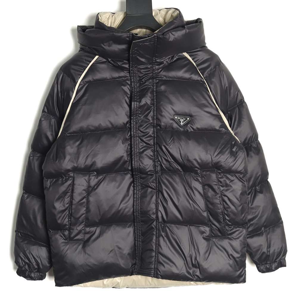 Prada metal triangle logo wide brim hooded down jacket