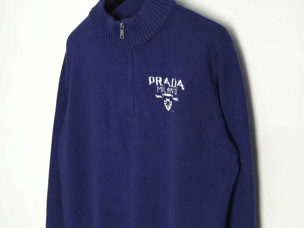 Prada Chest Lettering Half Zip Knit Sweater