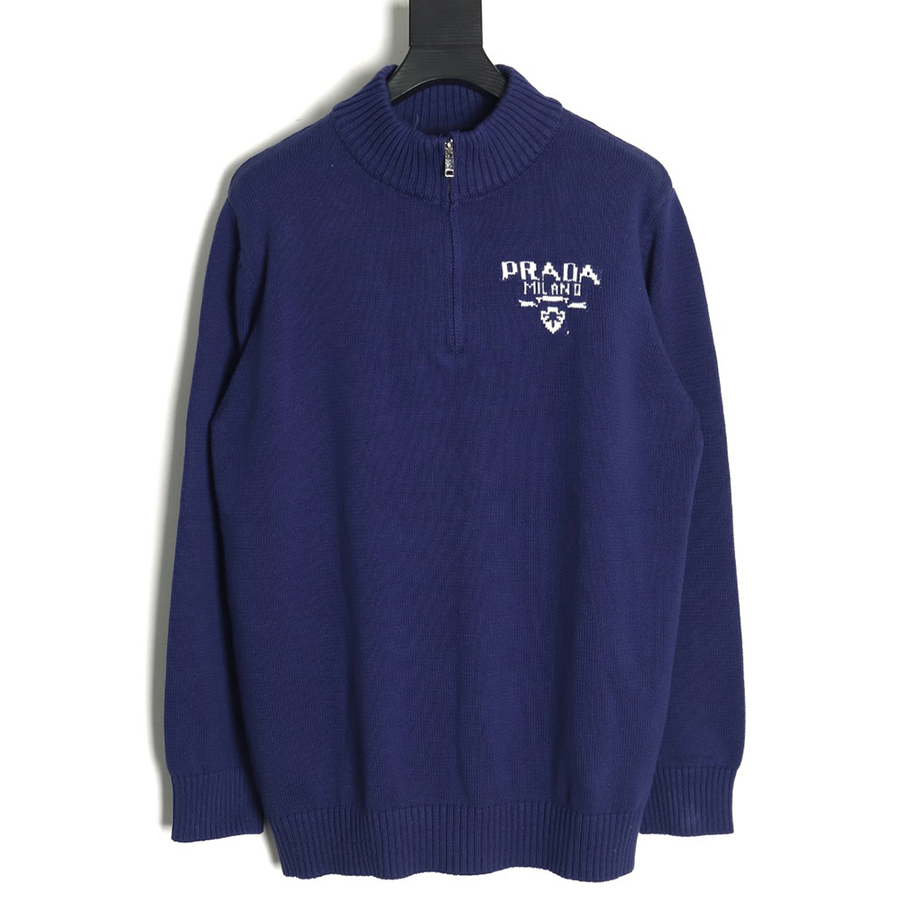 Prada Chest Lettering Half Zip Knit Sweater