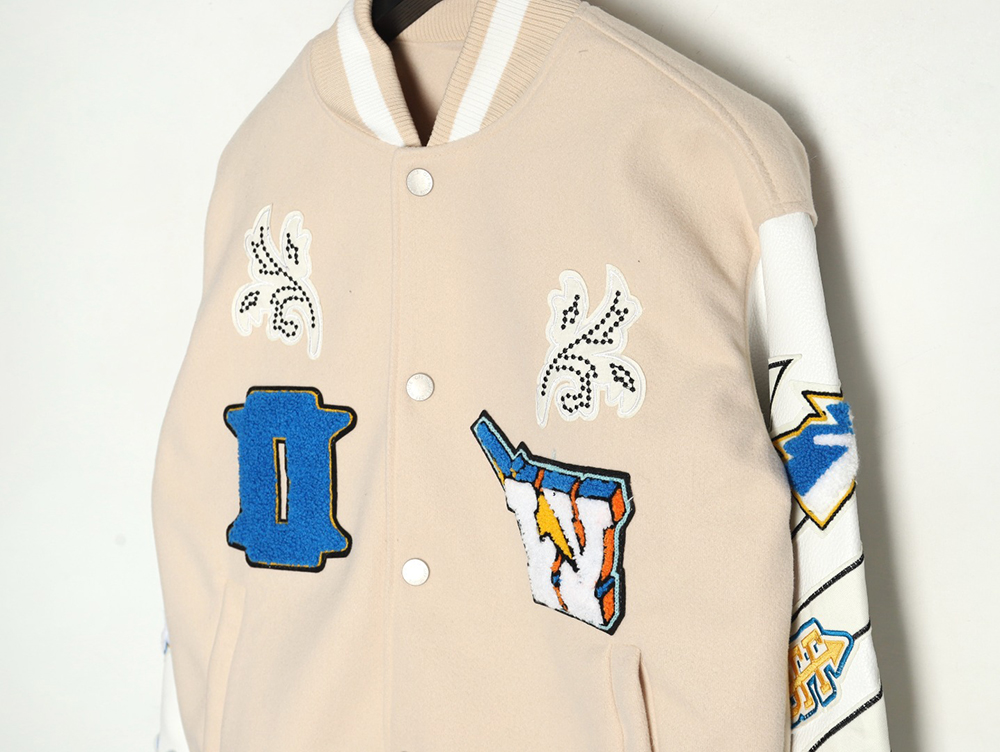 Off White Embroidered Rhinestone Baseball Jacket