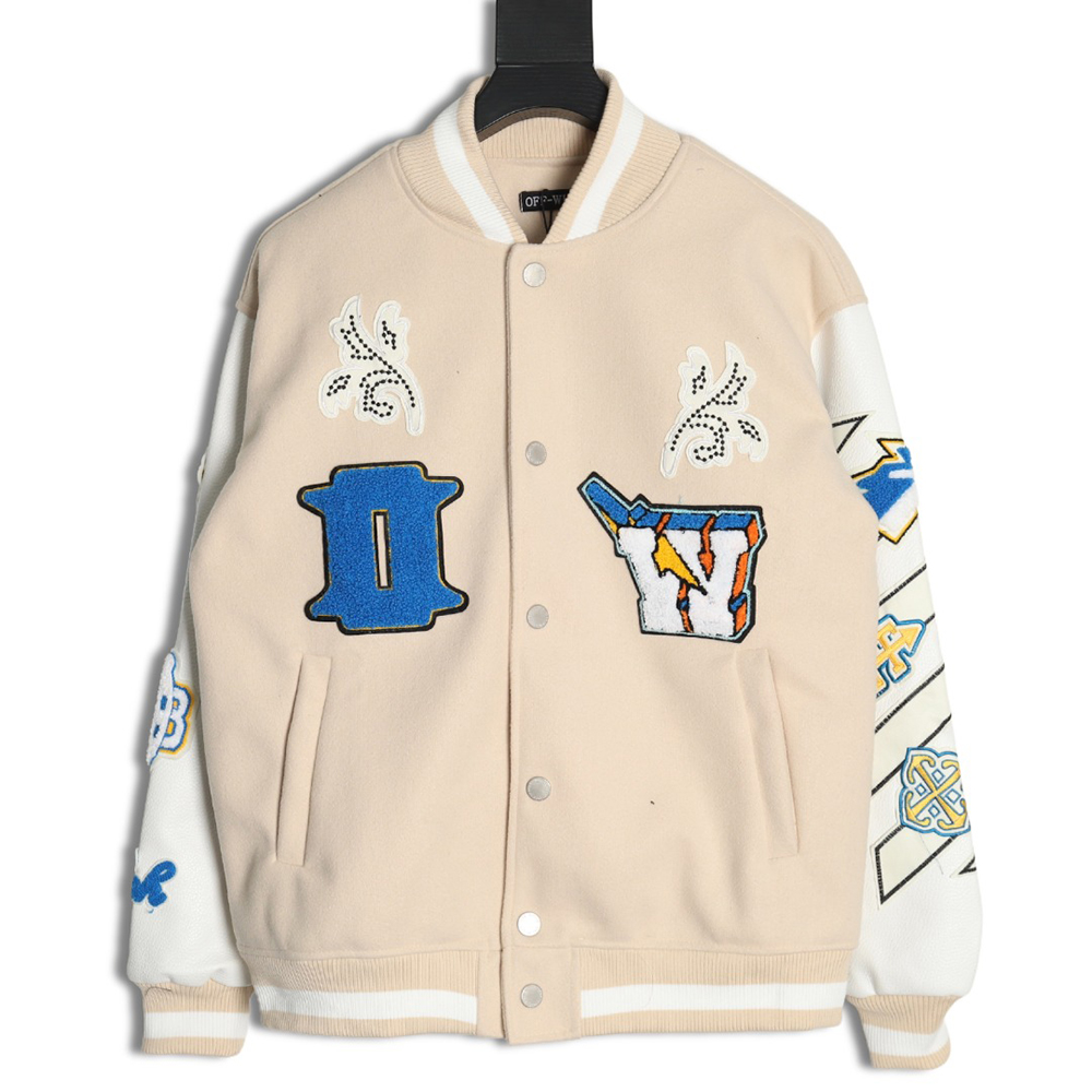 Off White Embroidered Rhinestone Baseball Jacket