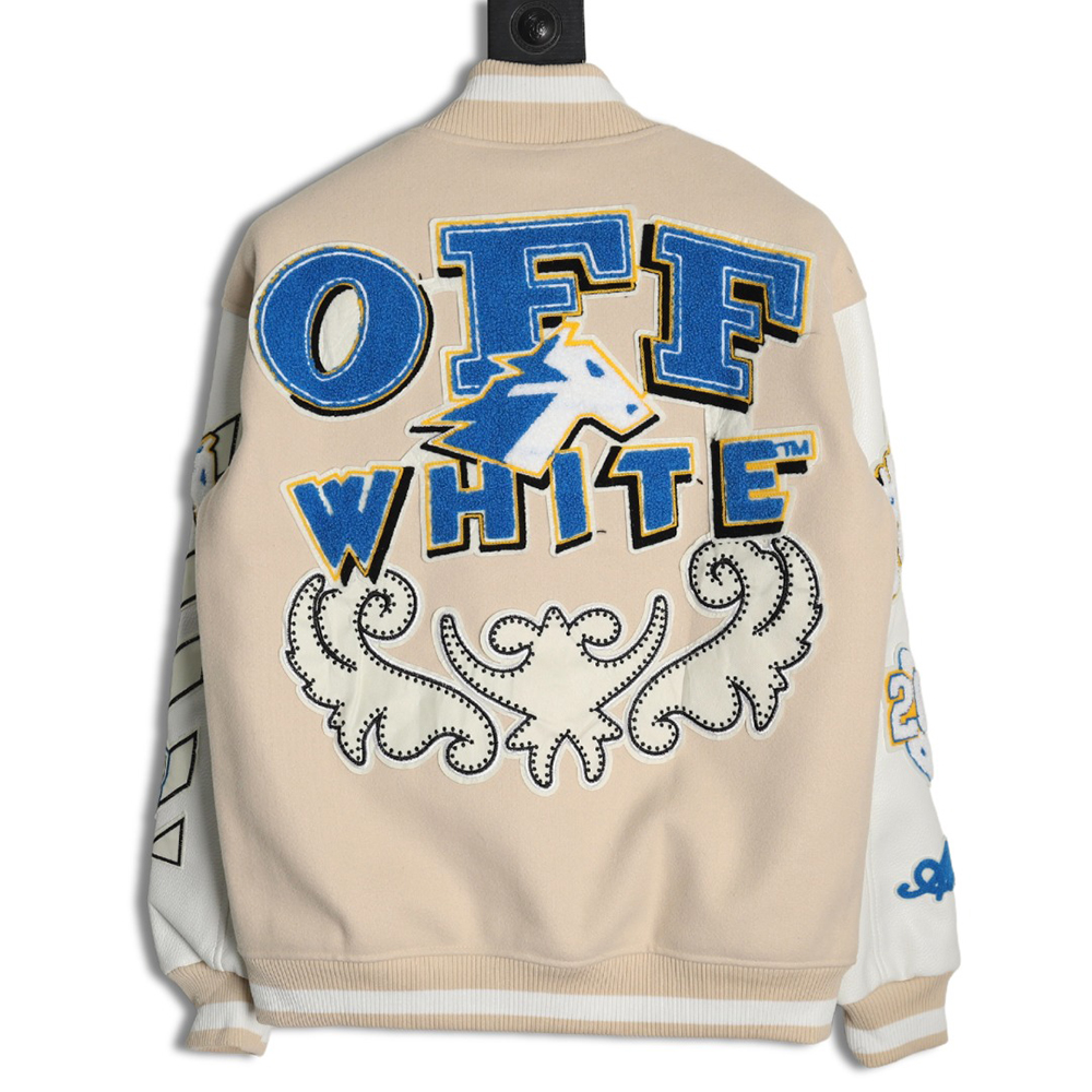 Off White Embroidered Rhinestone Baseball Jacket