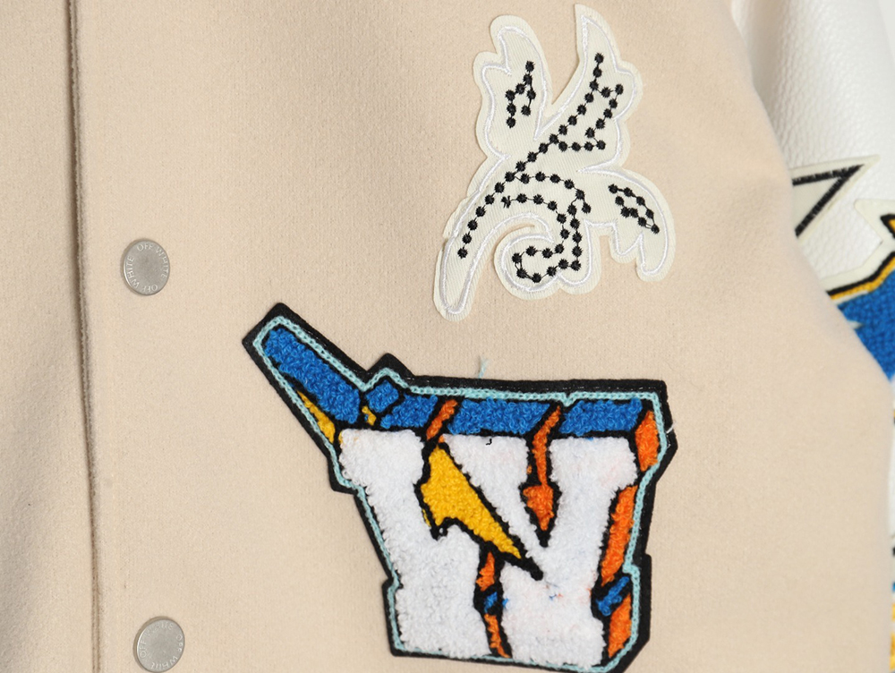 Off White Embroidered Rhinestone Baseball Jacket