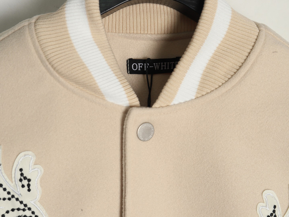 Off White Embroidered Rhinestone Baseball Jacket