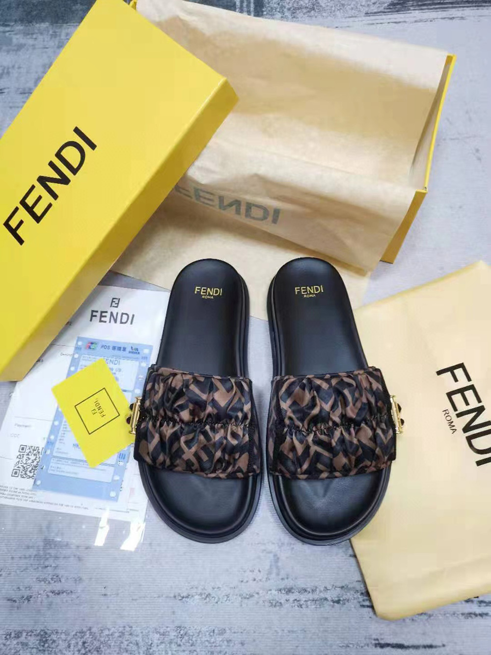 Fendi Feel Brown satin slides