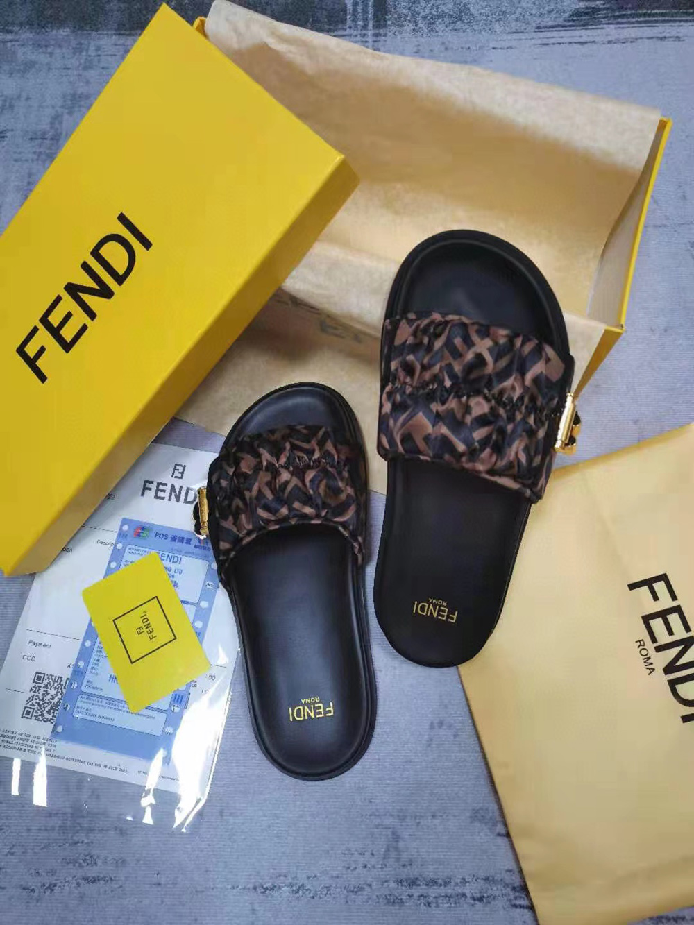 Fendi Feel Brown satin slides