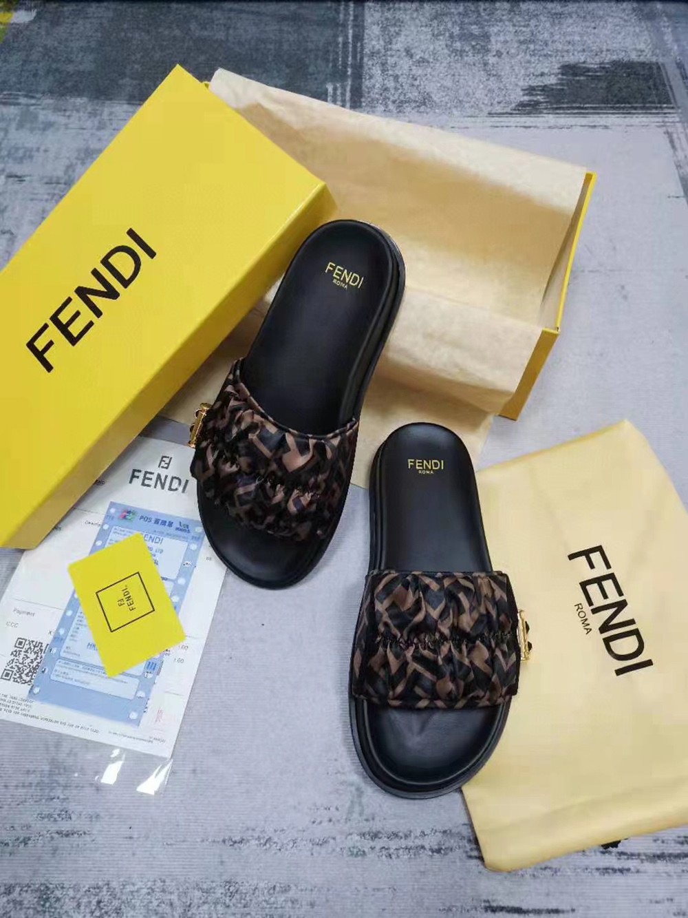 Fendi Feel Brown satin slides