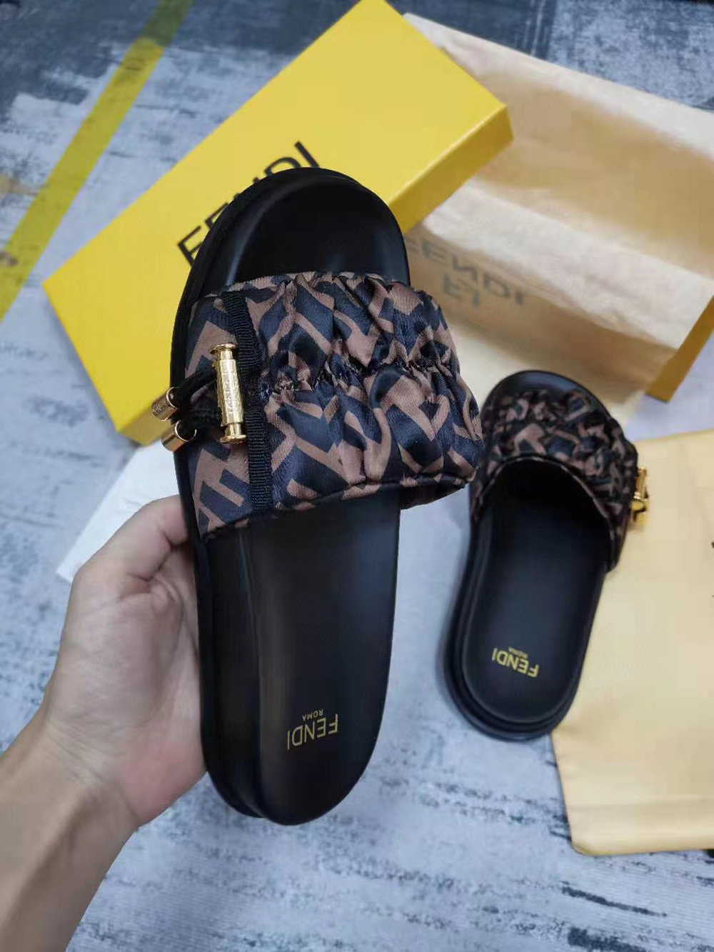 Fendi Feel Brown satin slides