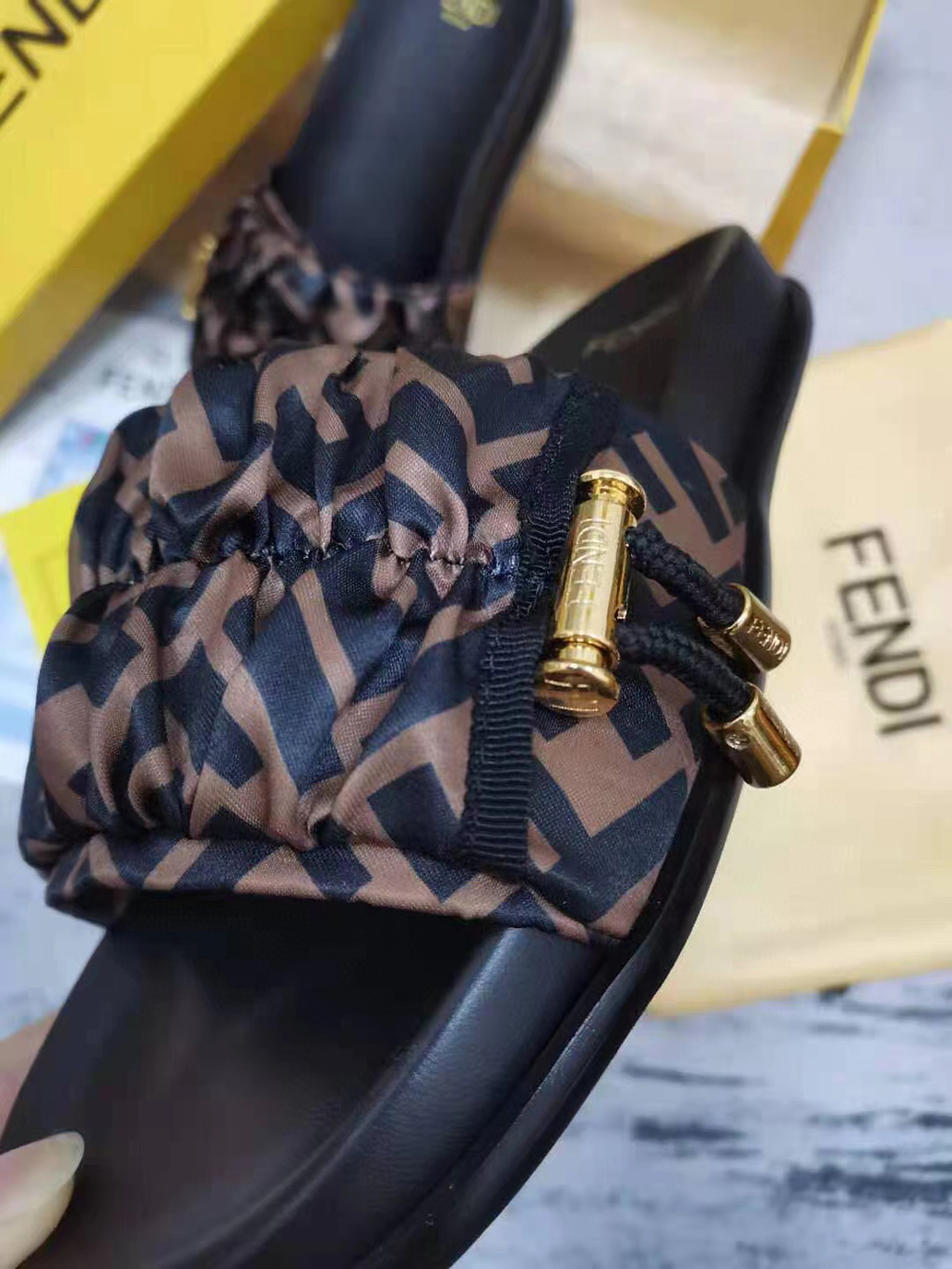 Fendi Feel Brown satin slides