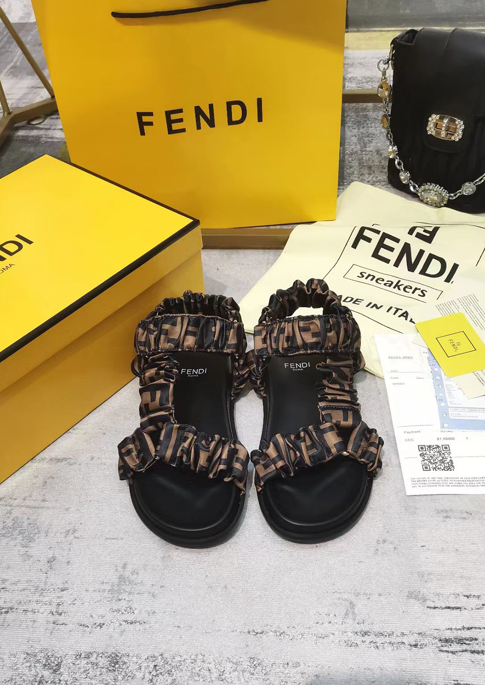 Fendi Feel Brown satin sandals