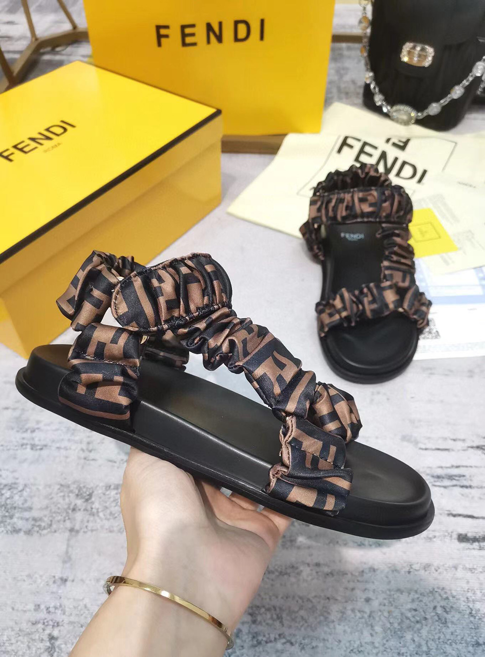 Fendi Feel Brown satin sandals