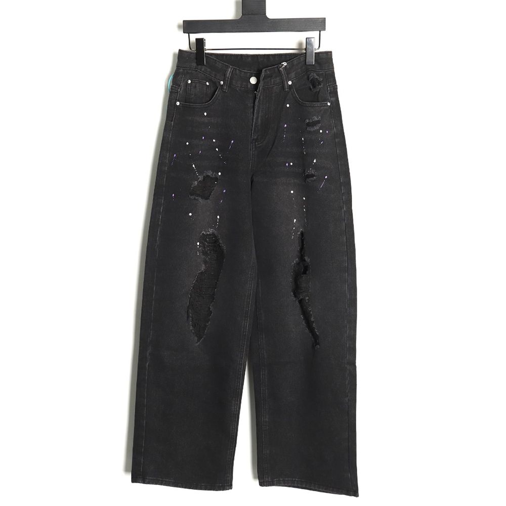We11 Done embroidered lettering ripped washed denim wide-leg pants