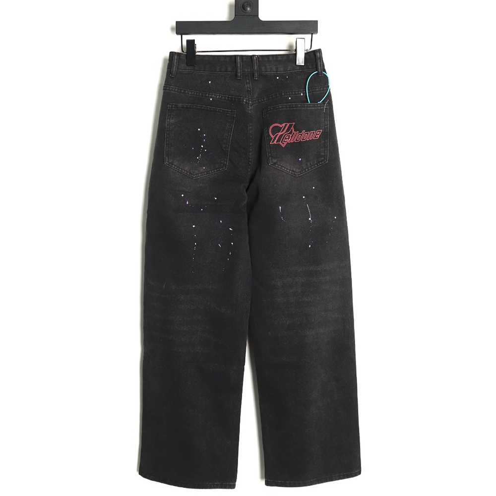 We11 Done embroidered lettering ripped washed denim wide-leg pants