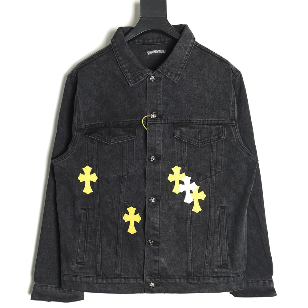 Chrome Hearts yellow and white leather cross denim jacket coat