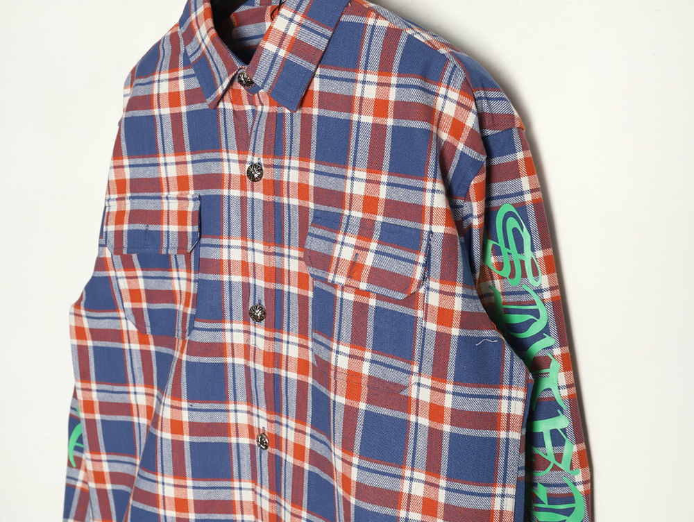 Chrome Hearts Striped Plaid Stitching Silver Button Cardigan Shirt TSK1