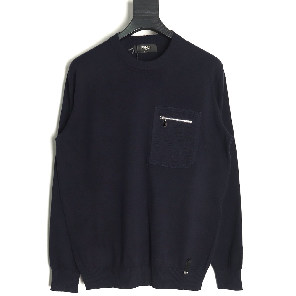 Fendi Embossed Pocket Navy Crew Neck Sweater