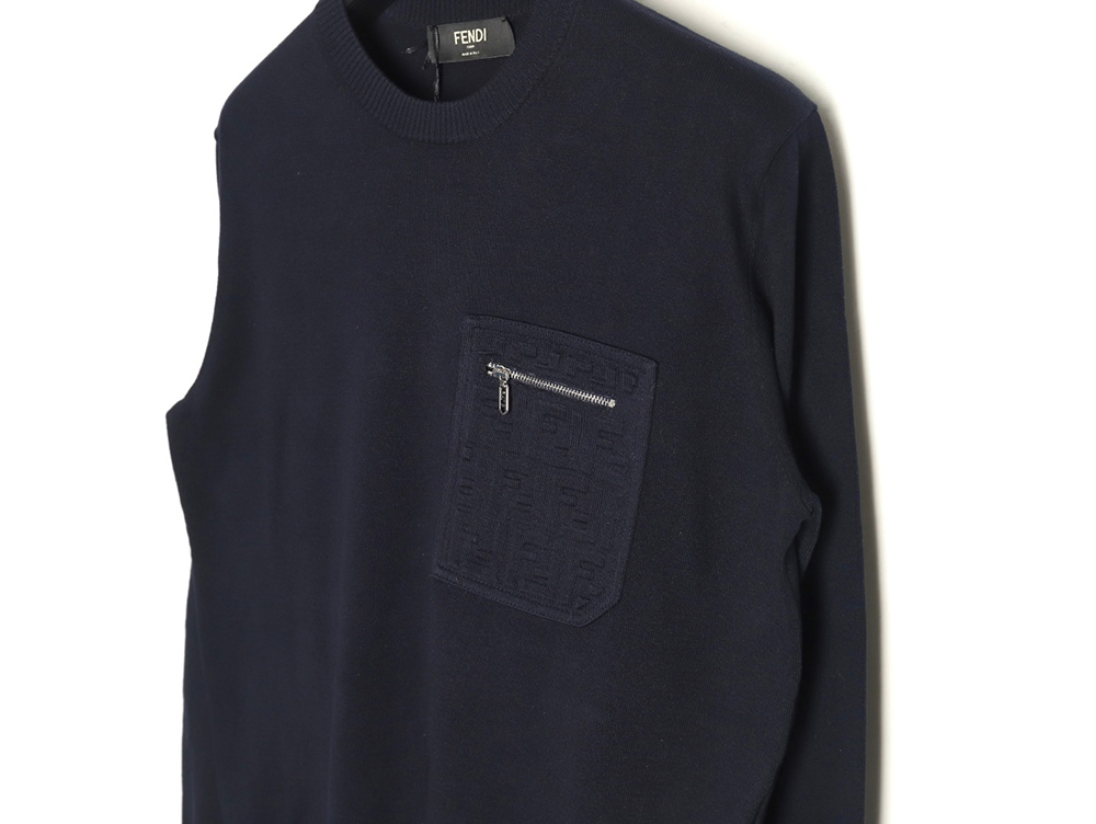Fendi Embossed Pocket Navy Crew Neck Sweater