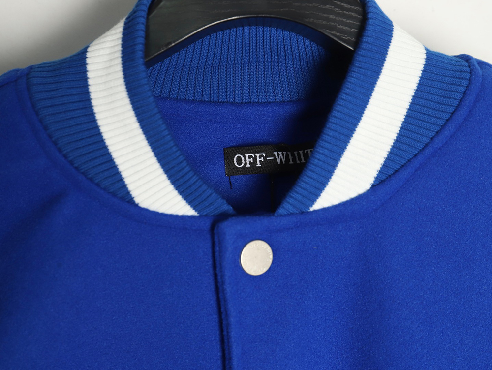 Off-White blue and white patchwork baseball jacket
