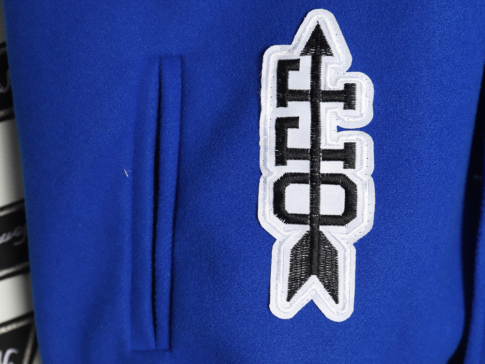 Off-White blue and white patchwork baseball jacket