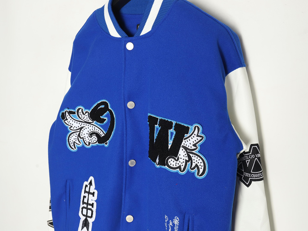 Off-White blue and white patchwork baseball jacket