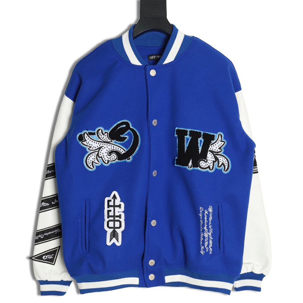 Off-White blue and white patchwork baseball jacket