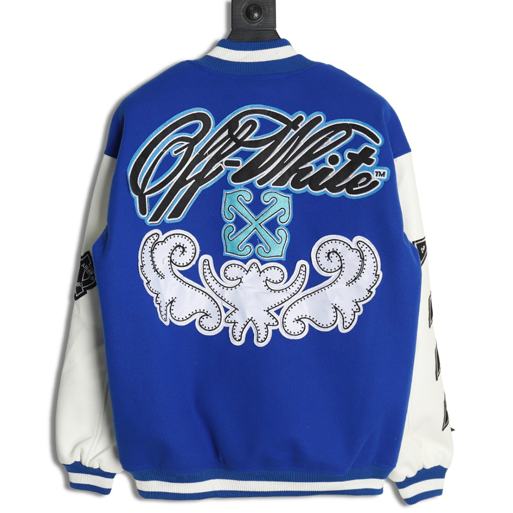Off-White blue and white patchwork baseball jacket