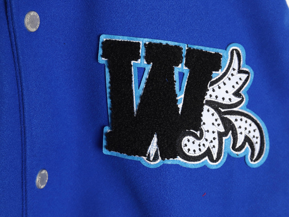 Off-White blue and white patchwork baseball jacket