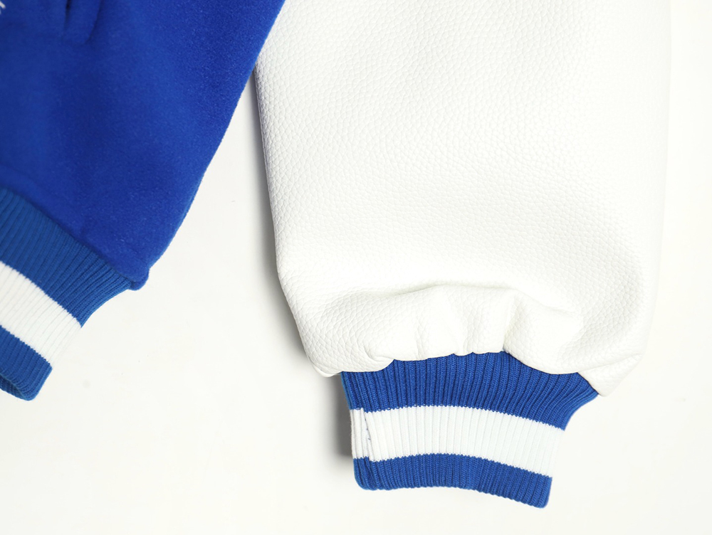 Off-White blue and white patchwork baseball jacket