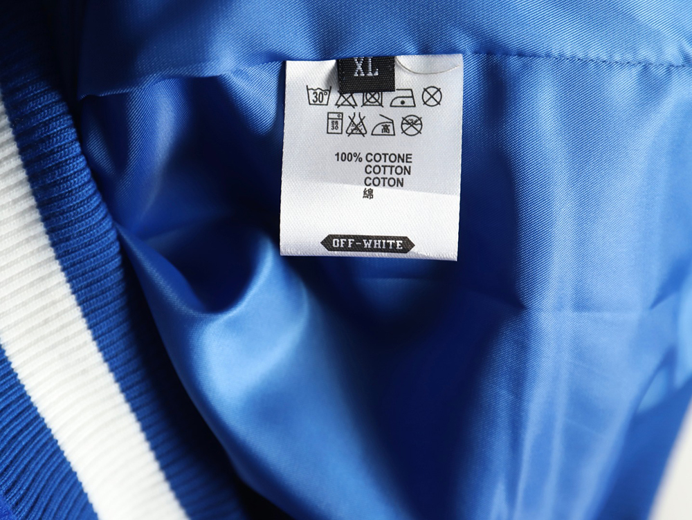 Off-White blue and white patchwork baseball jacket