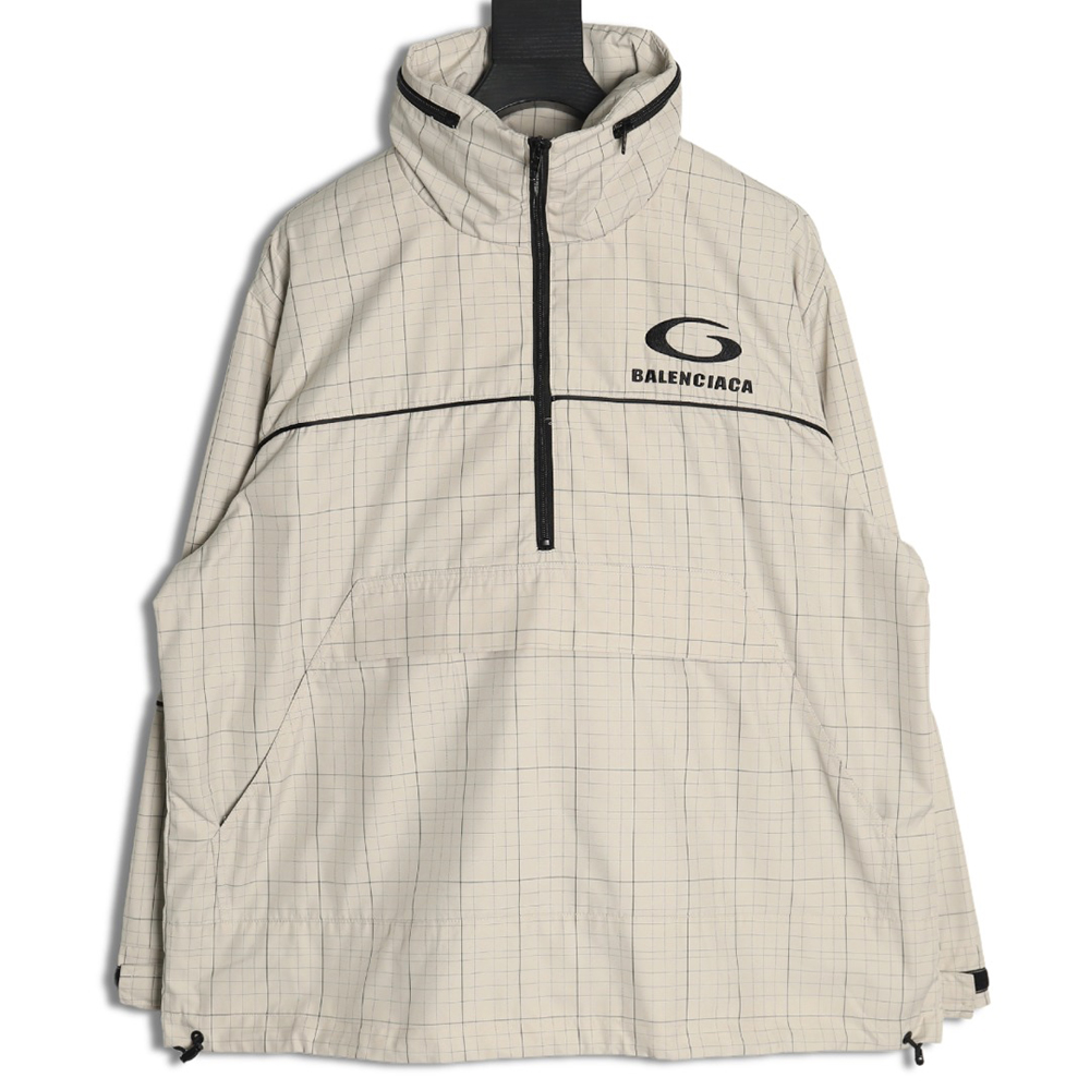 Balenciaga embroidered stand collar half-zip checked jacket