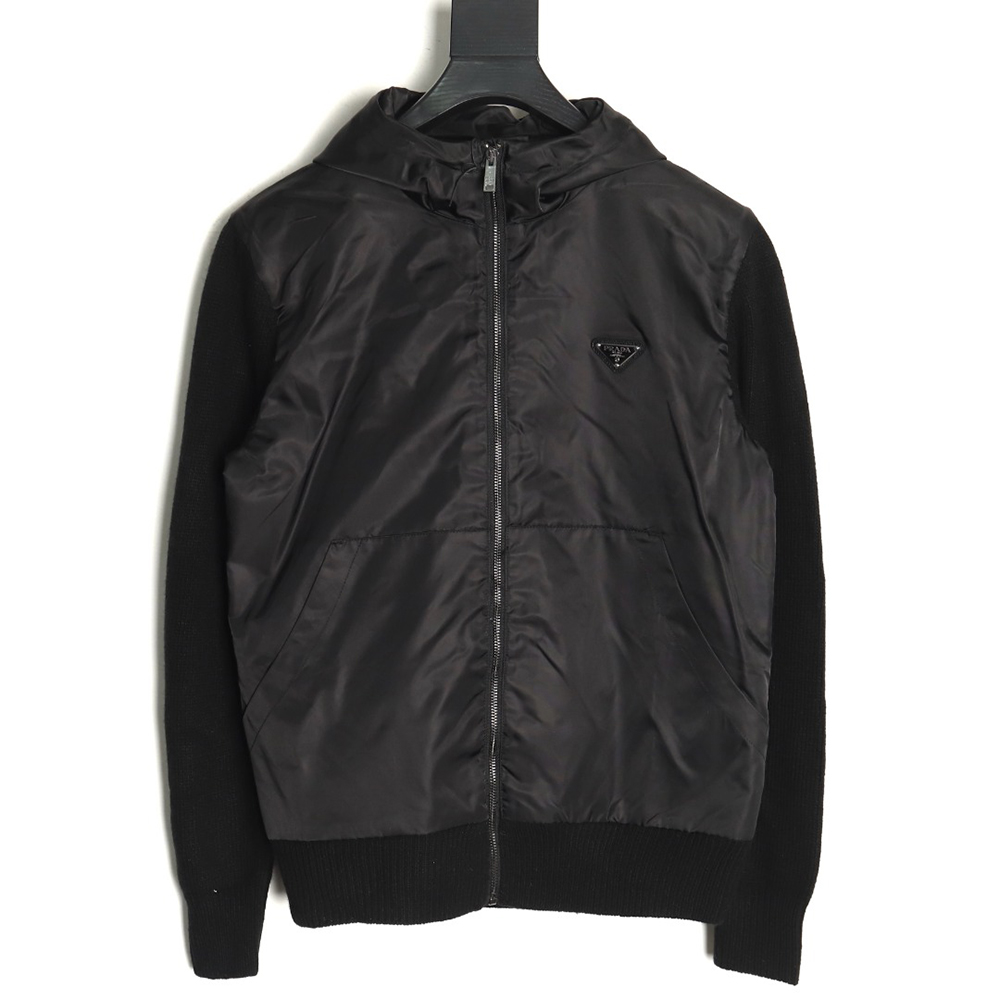 Prada wool paneled nylon hooded jacket