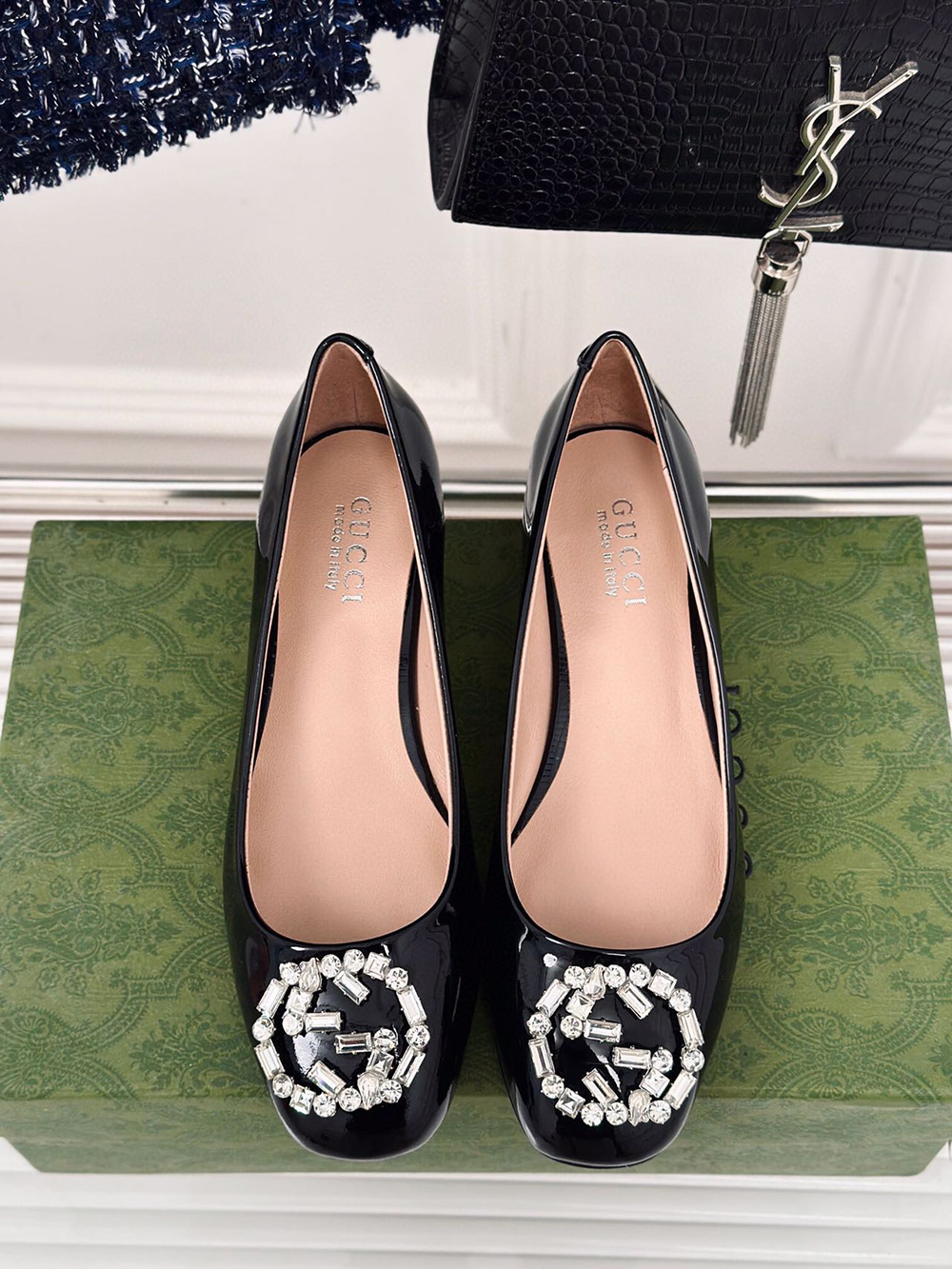 Gucci Black Patent Leather Crystal Interlocking G Heels