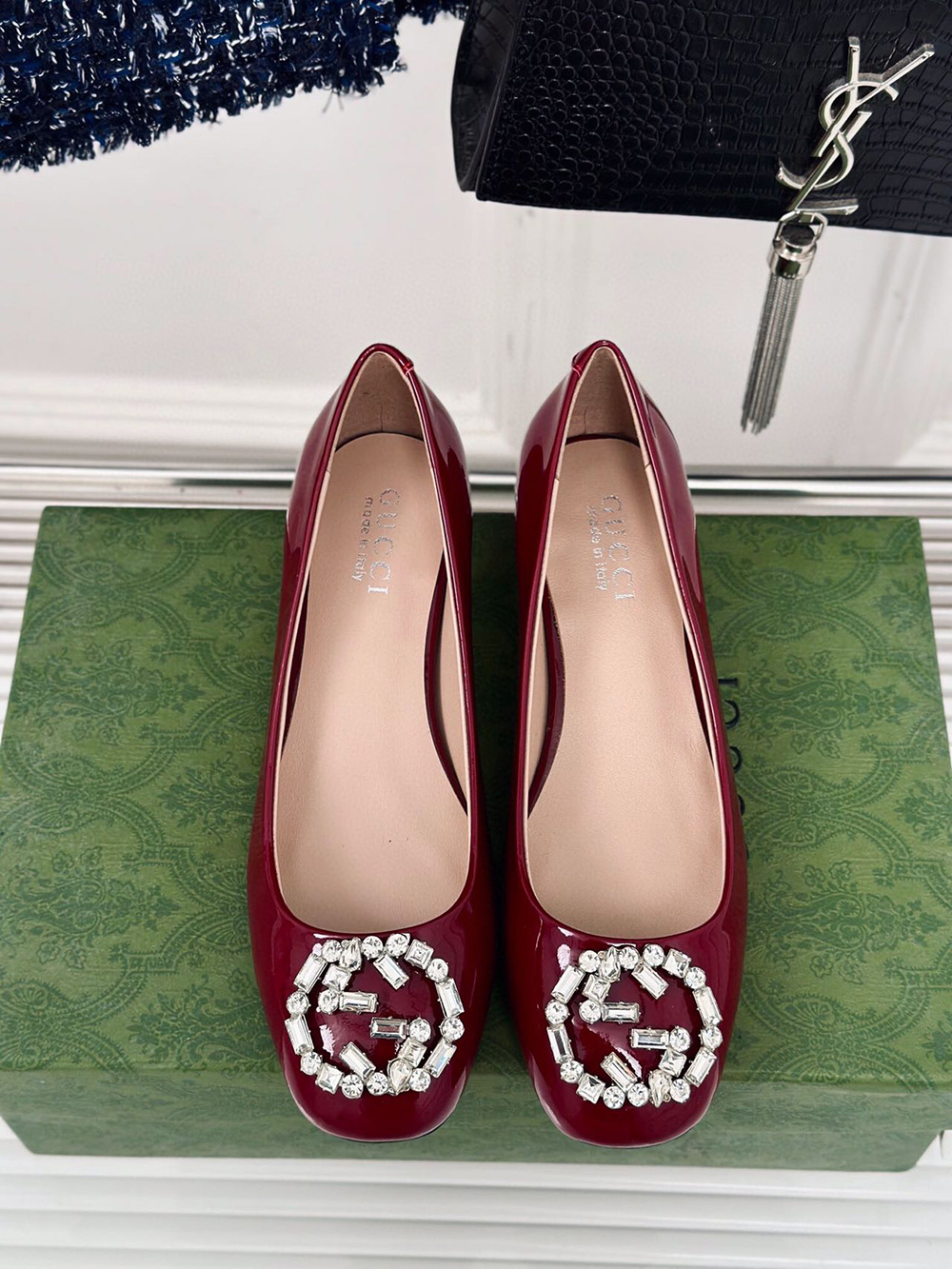 Gucci Black Patent Leather Crystal Interlocking G Heels