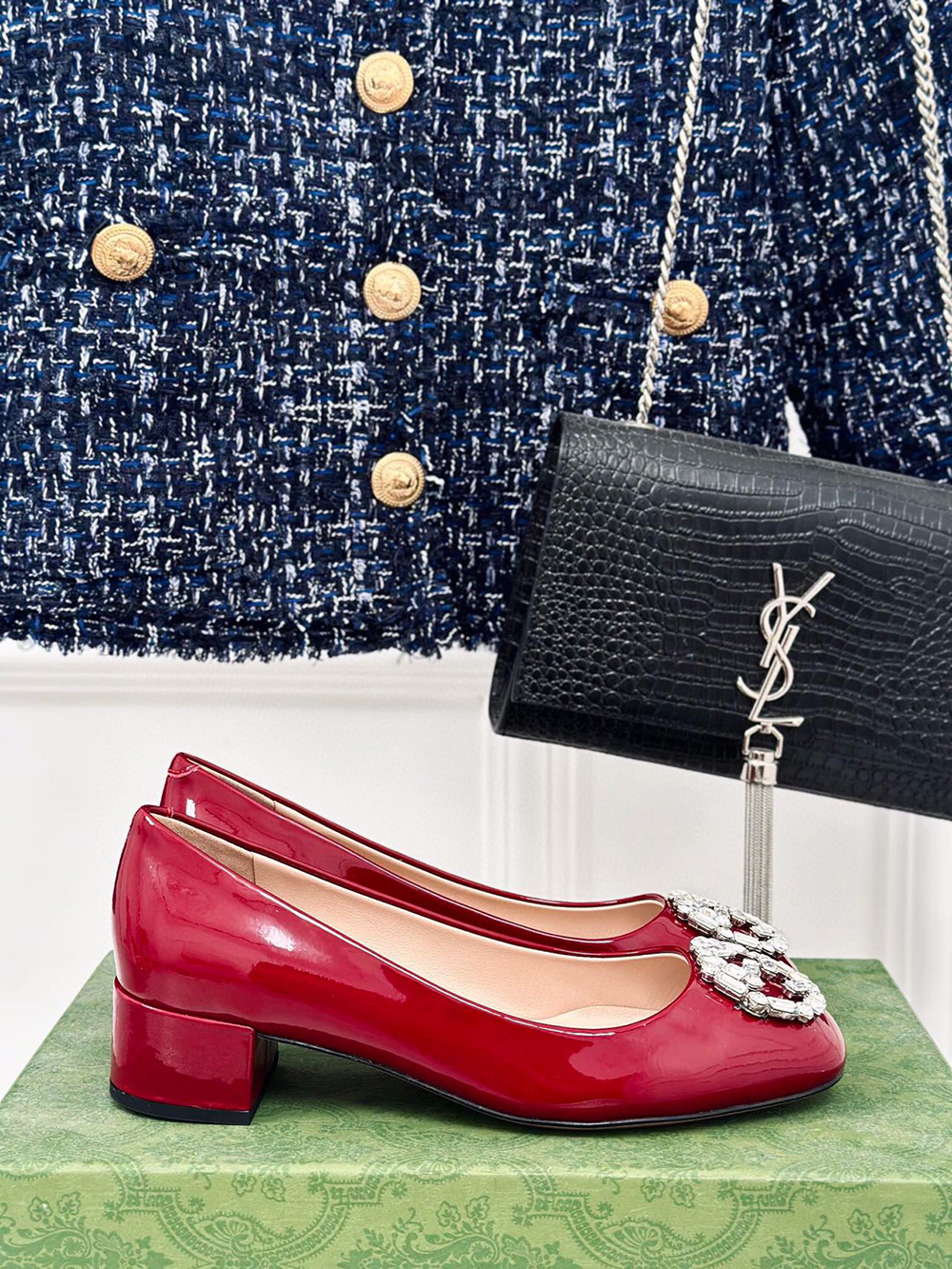 Gucci Black Patent Leather Crystal Interlocking G Heels