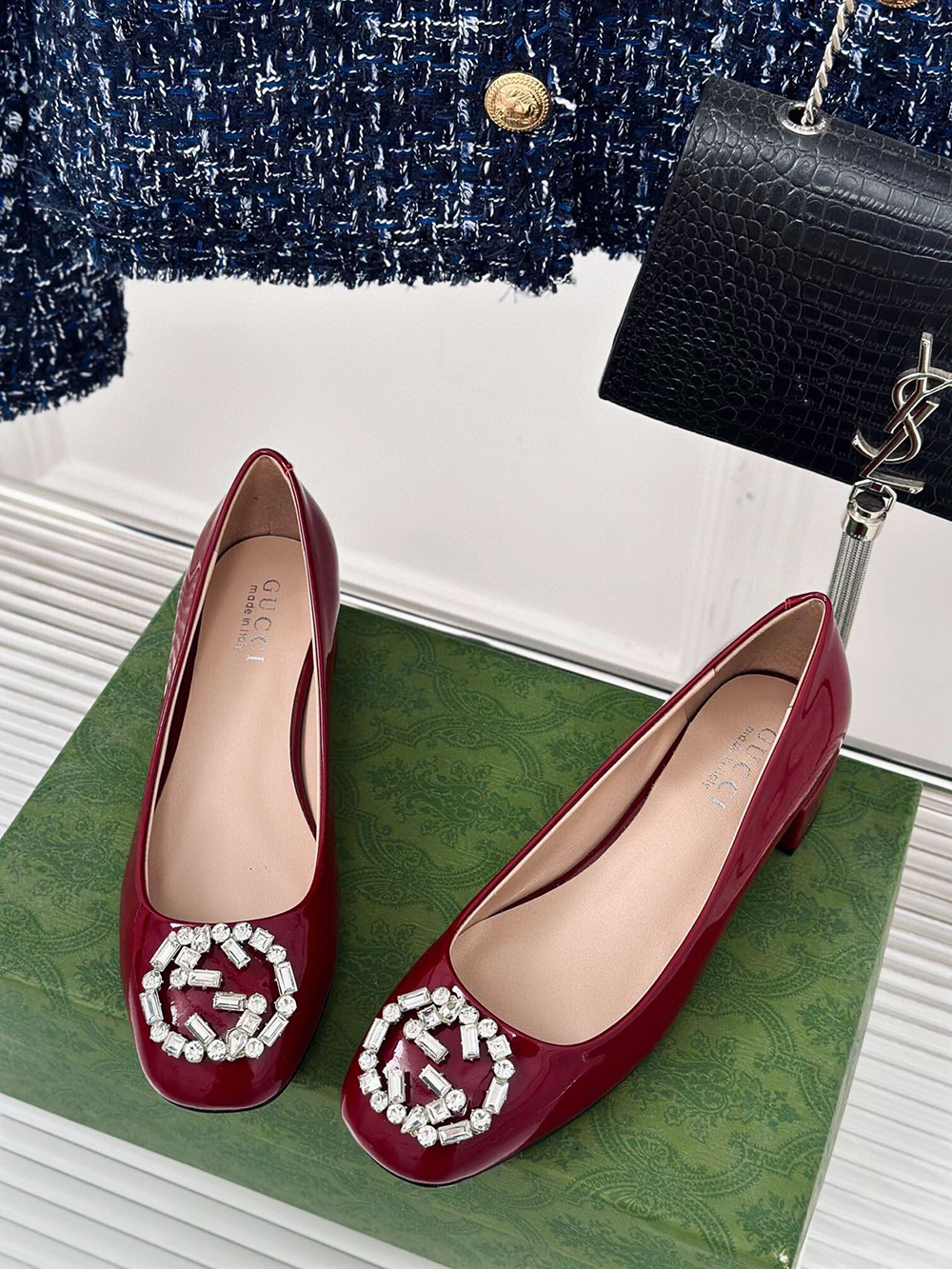 Gucci Black Patent Leather Crystal Interlocking G Heels