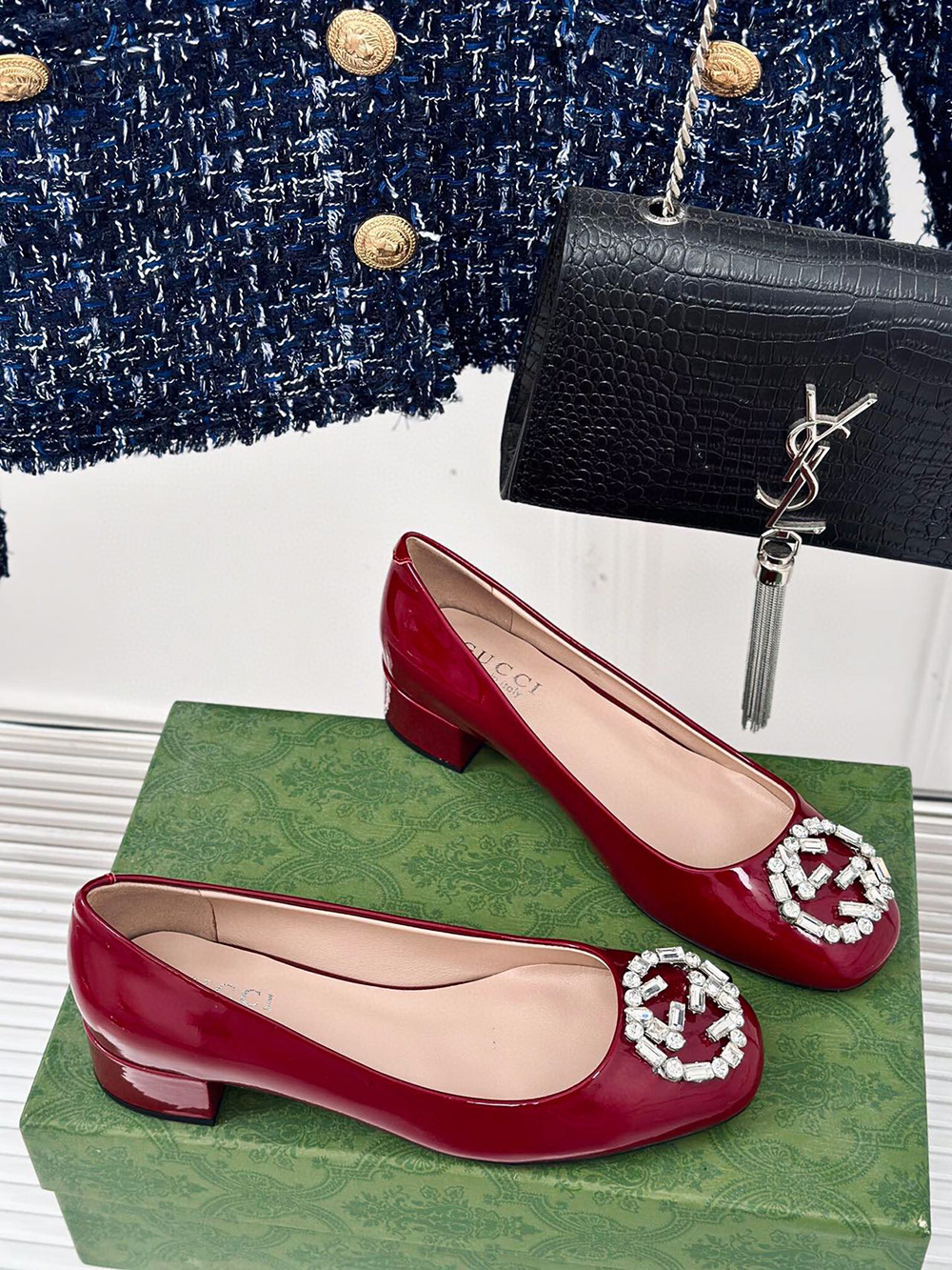 Gucci Black Patent Leather Crystal Interlocking G Heels