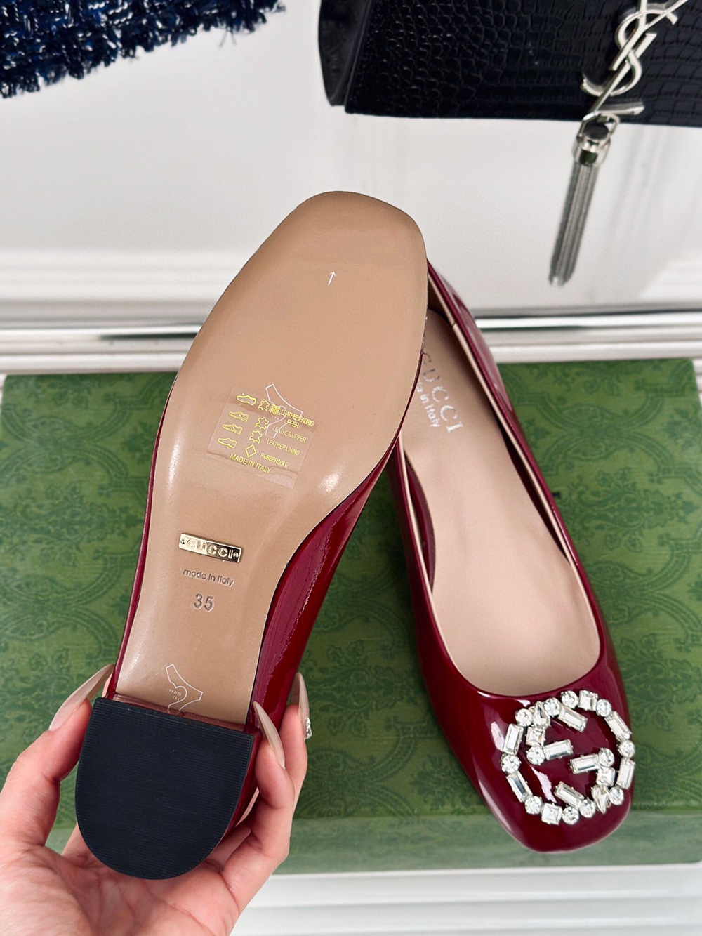 Gucci Black Patent Leather Crystal Interlocking G Heels